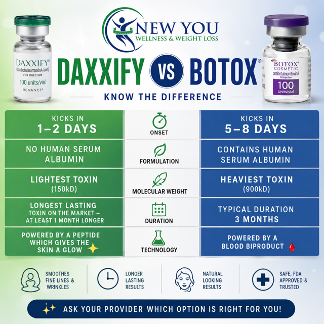 Daxxify vs Botox comparison infographic — onset, formulation, molecular weight, duration, and technology